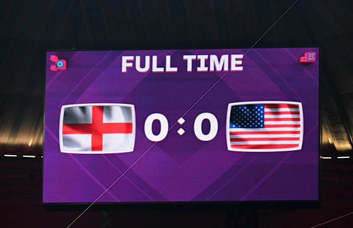 A picture showing the final score displayed a giant screen at Al-Bayt Stadium after England's 0-0 draw with the USA at the 2022 World Cup